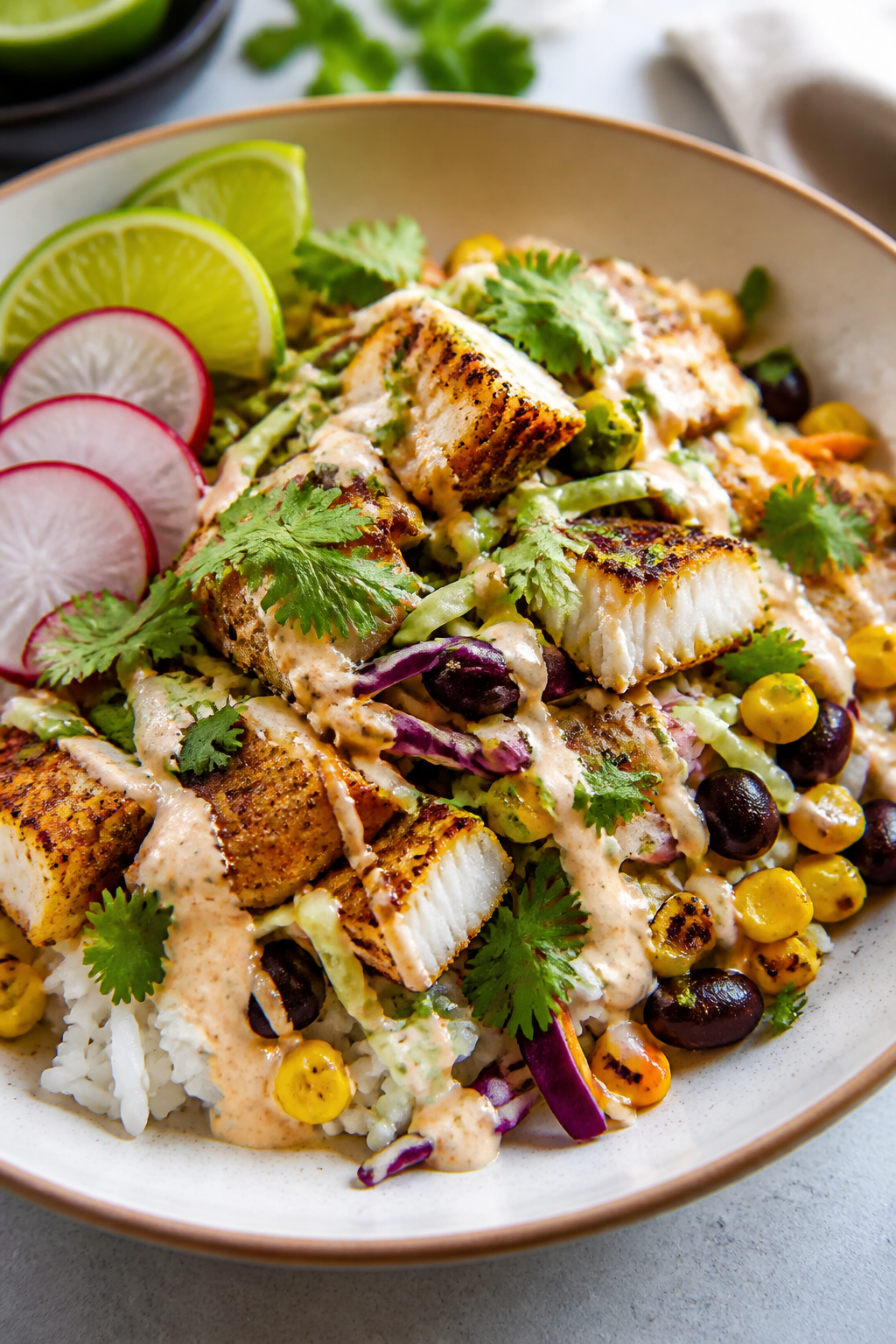 Final plated beauty shot: Restaurant-quality presentation of a Fish Taco Bowl variation—flakes of 