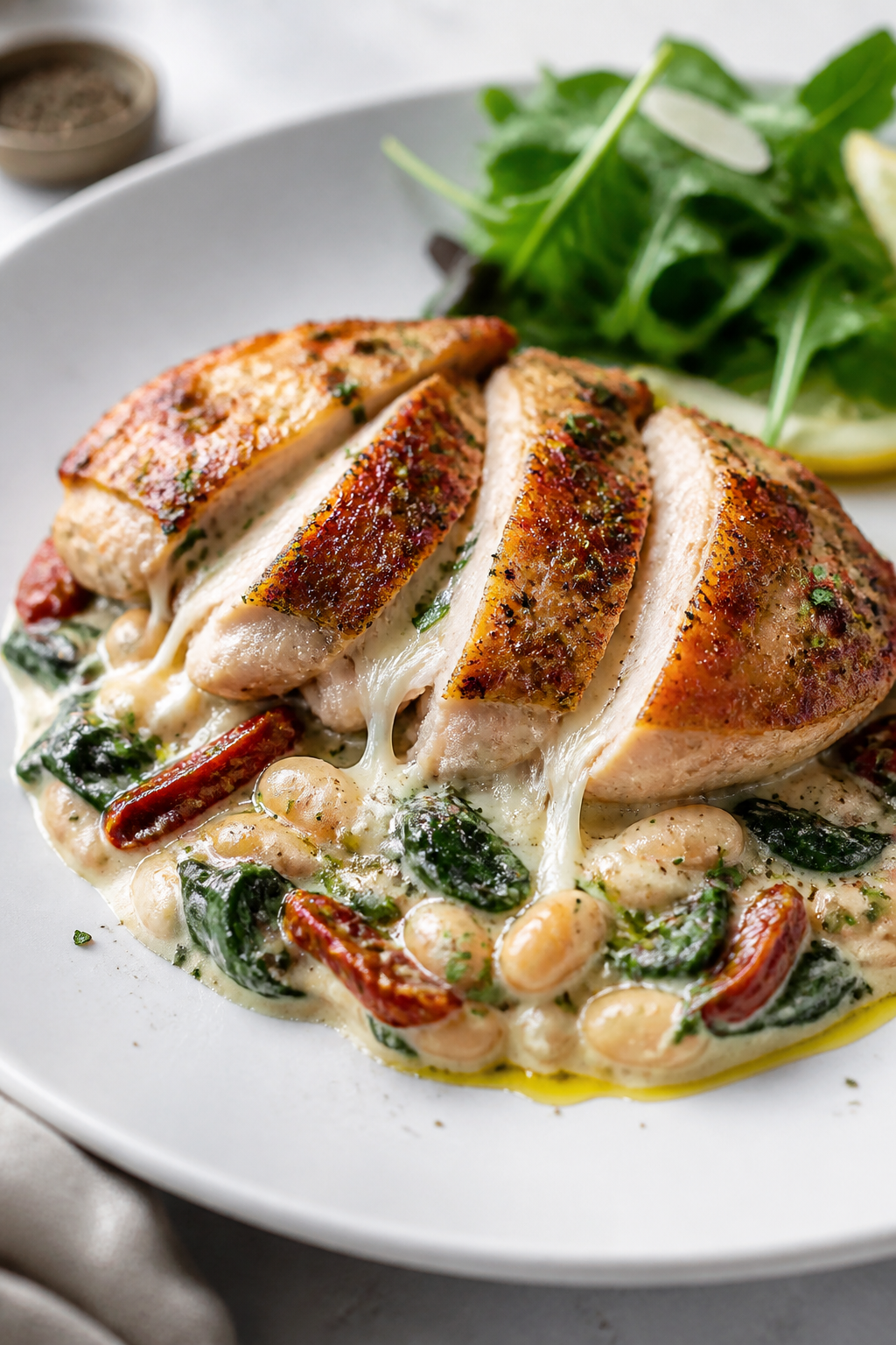 Final plated beauty shot: Single-serve portion of Tuscan Chicken Casserole on a wide white ceramic p