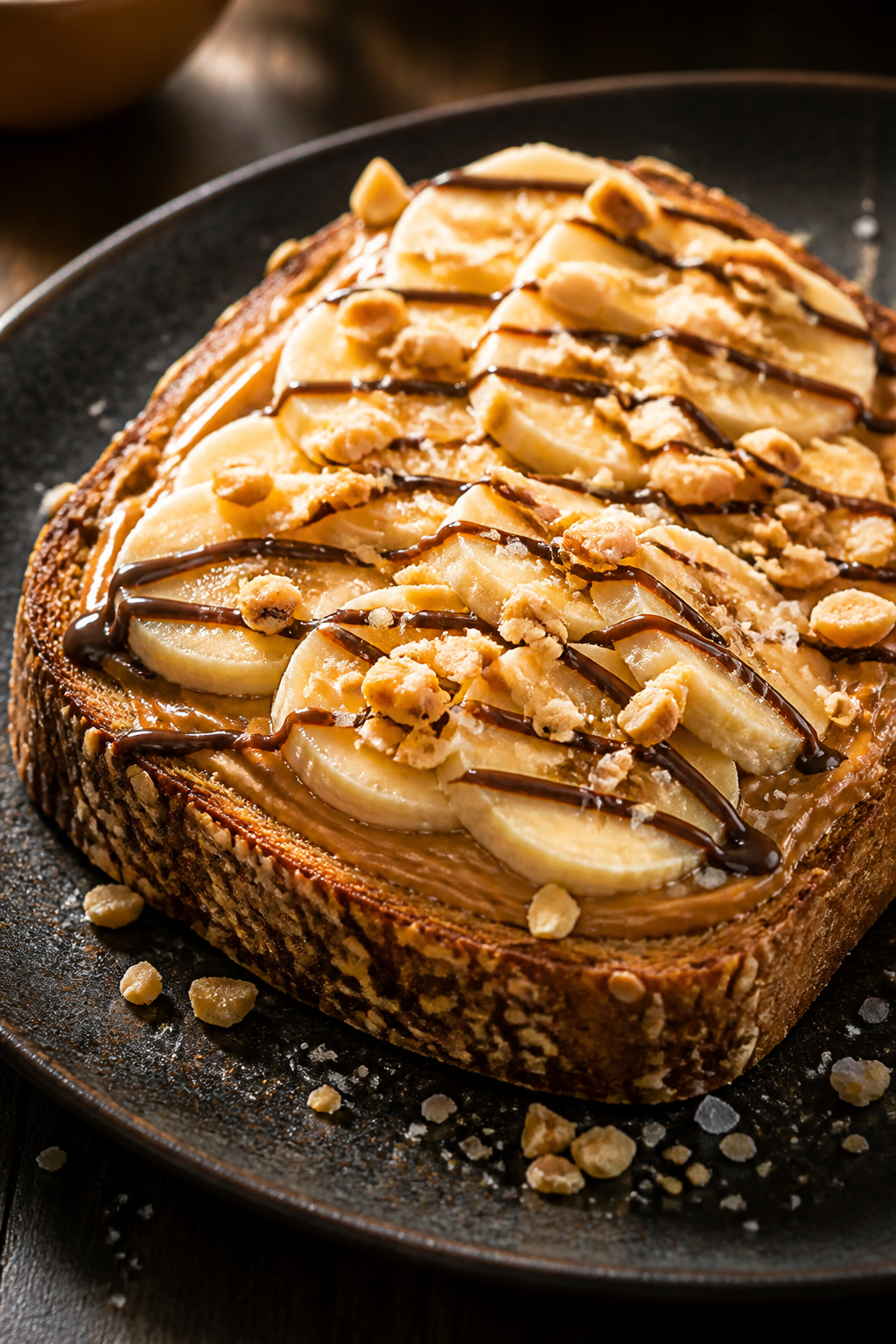 Final plated beauty shot: Single slice hero on a dark stoneware plate to pop the warm tonesâthick