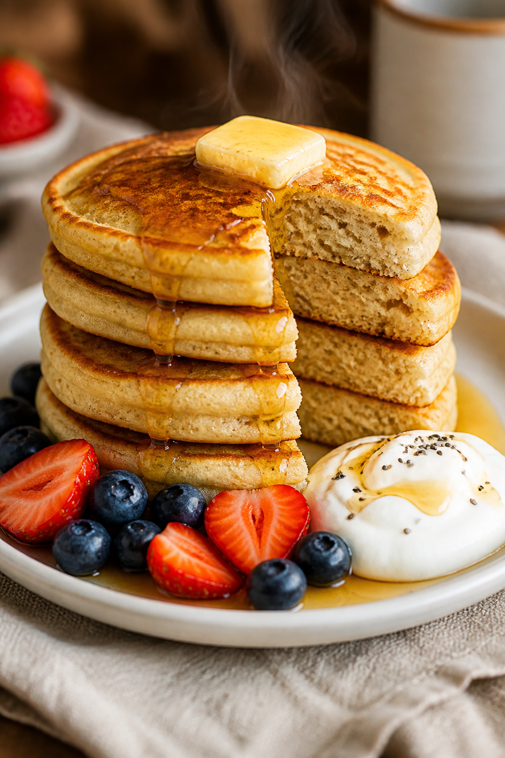 Final plated beauty shot: Stack of fluffy protein pancakes with a pat of butter just melting, light