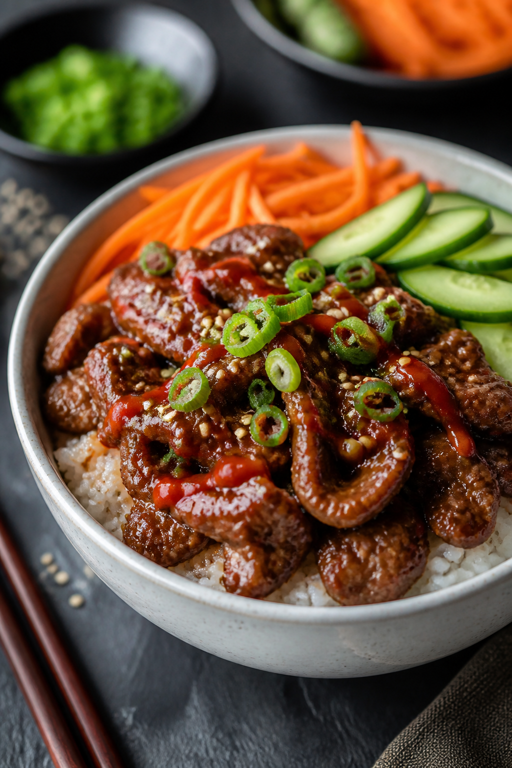 Final plated beauty: Three-quarter angle close-up of a restaurant-quality Korean beef bowl served ov