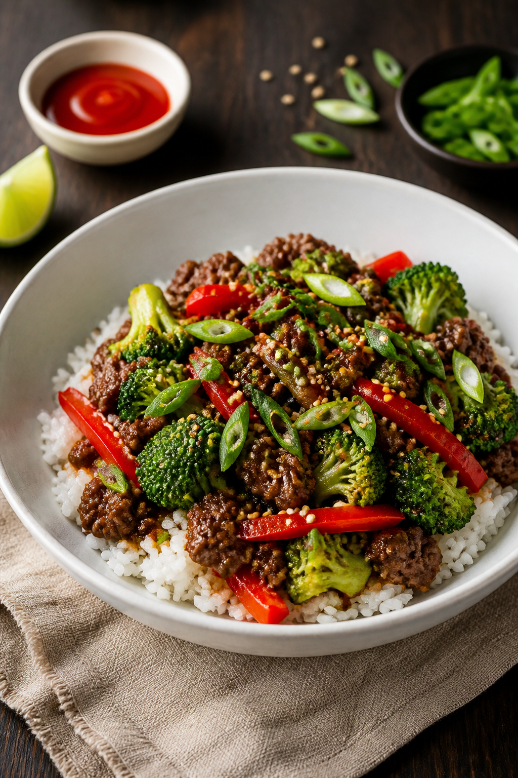 Final plated bowl beauty shot: Healthy Mongolian Ground Beef Bowl served over fluffy jasmine rice in