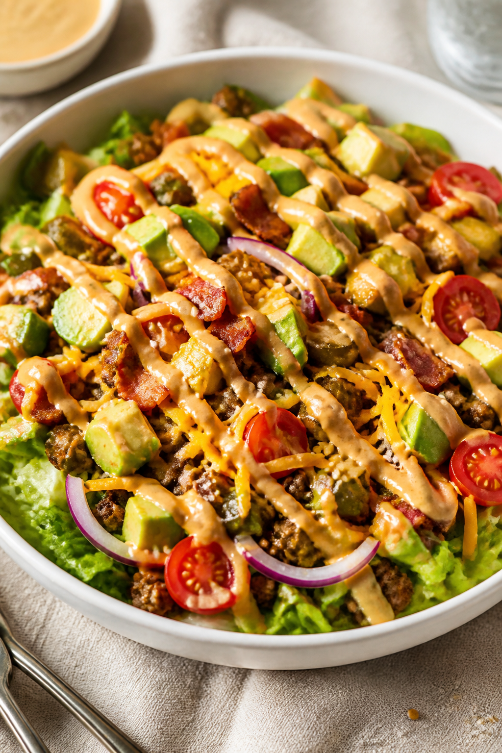 Final plated bowl hero shot: Loaded Bacon Cheeseburger Bowl in a wide, shallow white bowl—bed of c