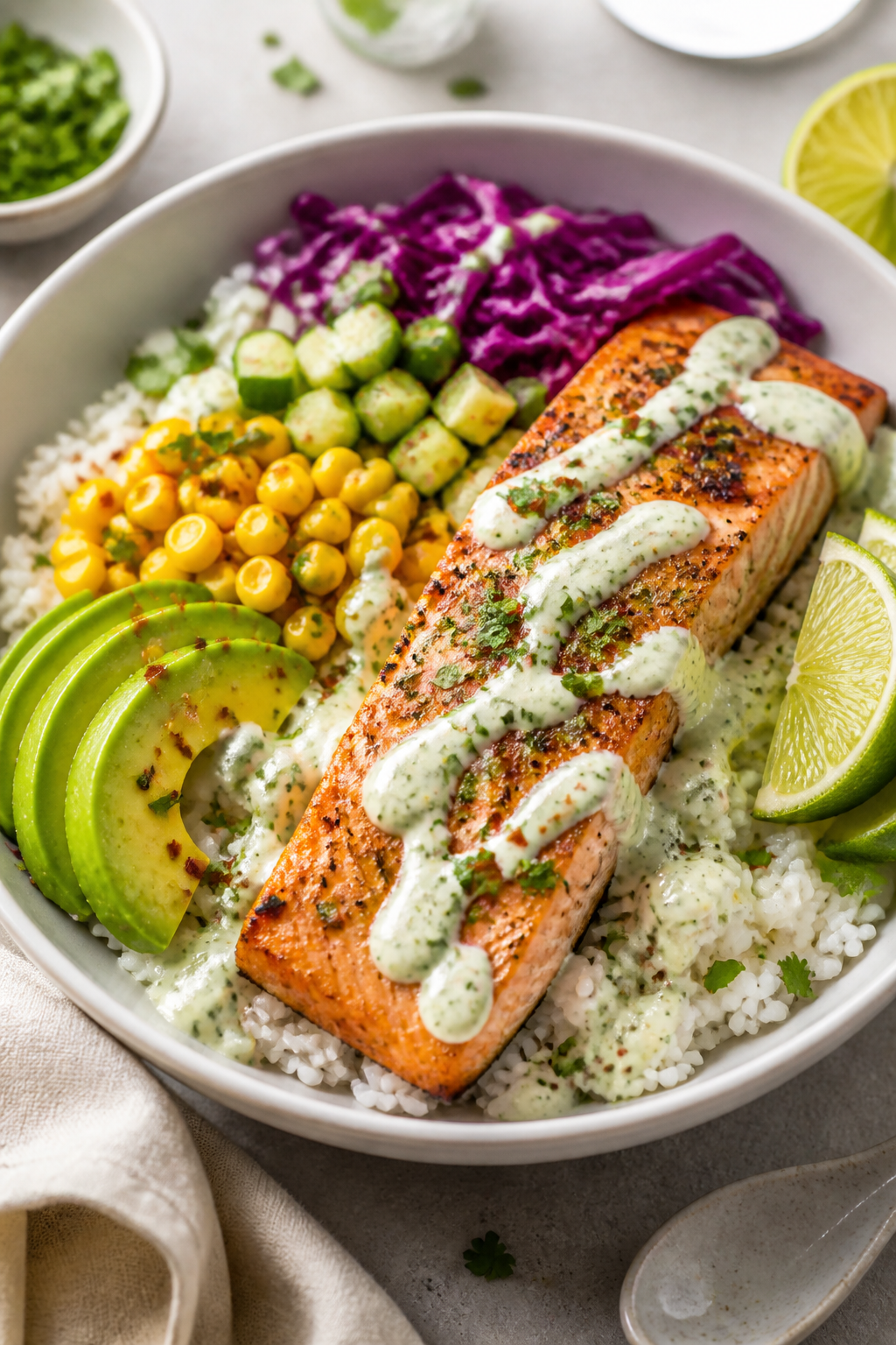 Final plated bowl, restaurant-quality: Garlic Lime Salmon Rice Bowl beautifully assembled in a matte