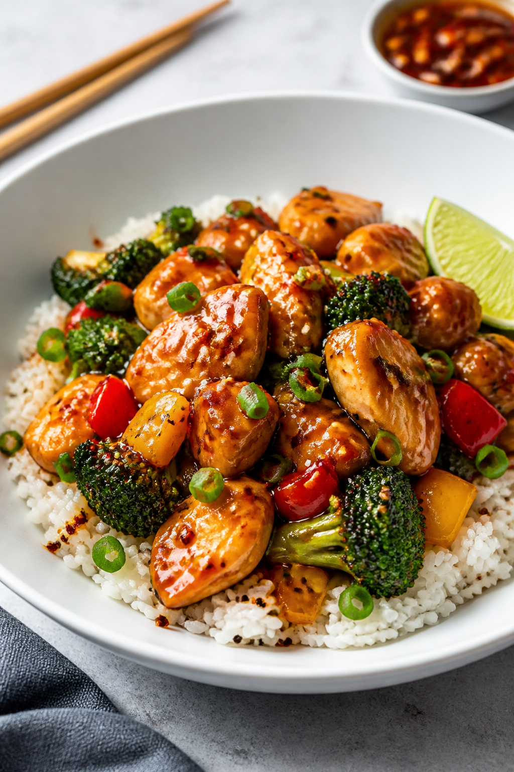 Final plated bowl â Restaurant-ready presentation: Beautifully plated Honey Garlic Chicken Bowl in