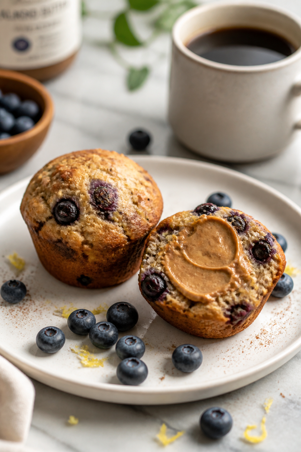 Final plated breakfast scene: two protein blueberry muffins on a white ceramic plate, one sliced ope