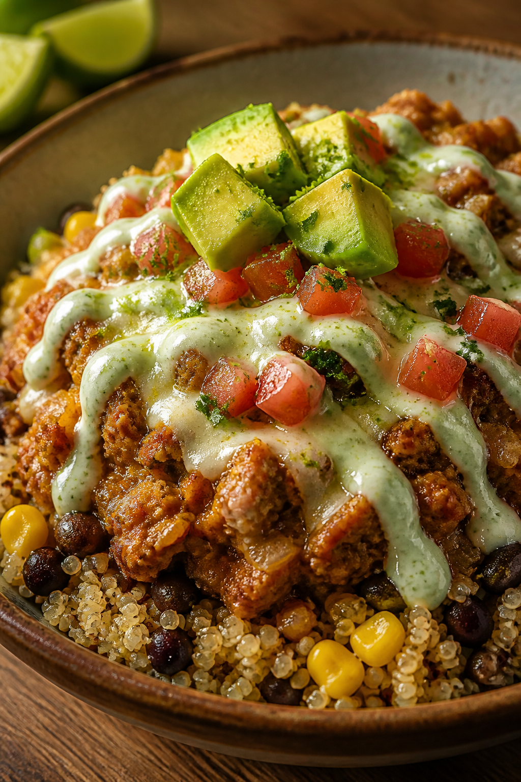 Final plated close-up: Restaurant-quality hero shot of a single burrito bowl with quinoa base, heapi