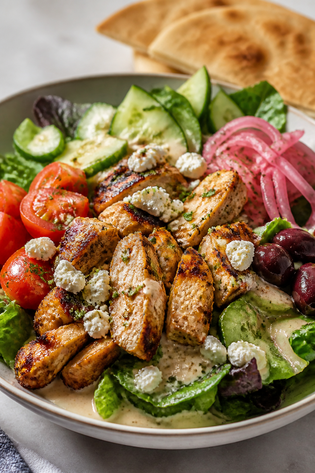 Final plated detail: Close-up of finished shawarma bowl on a bed of crisp romaine and mixed greens (