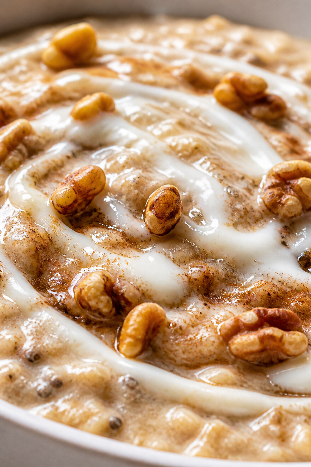 Final plated detail macro: Ultra close-up of the finished oatmeal showing creamy, custardy oats enri