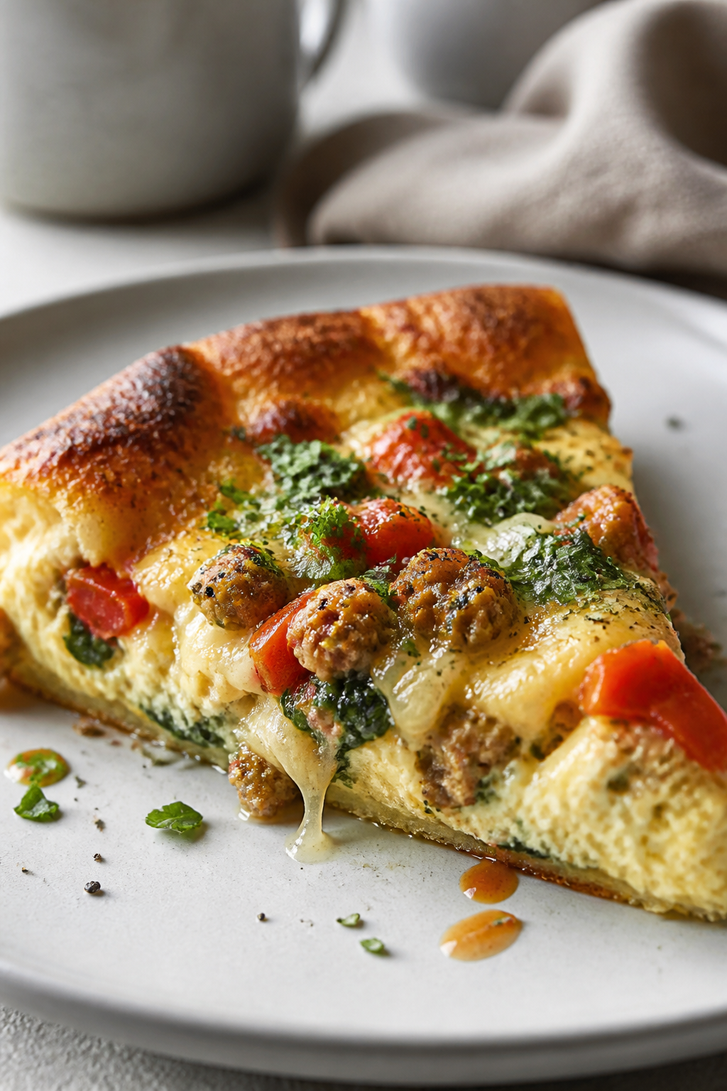 Final plated detail: Single sliced wedge of the breakfast pizza on a matte white plate, extreme clos