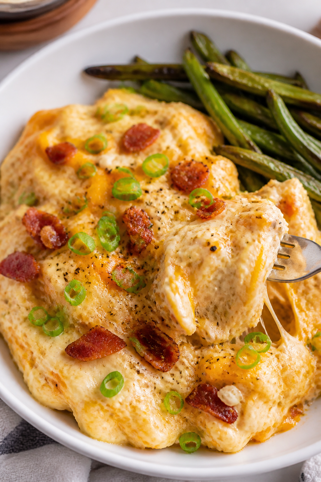 Final plated dish: A generous scoop of the creamy, cheesy crack chicken casserole plated in a shallo