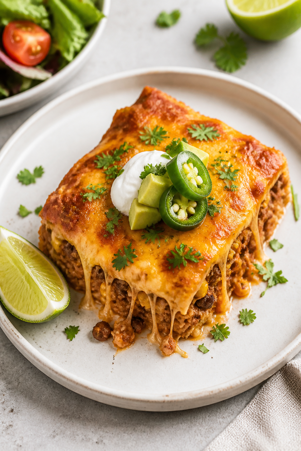 Final plated dish: A neatly sliced square of the Ground Turkey Enchilada Bake on a white ceramic pla