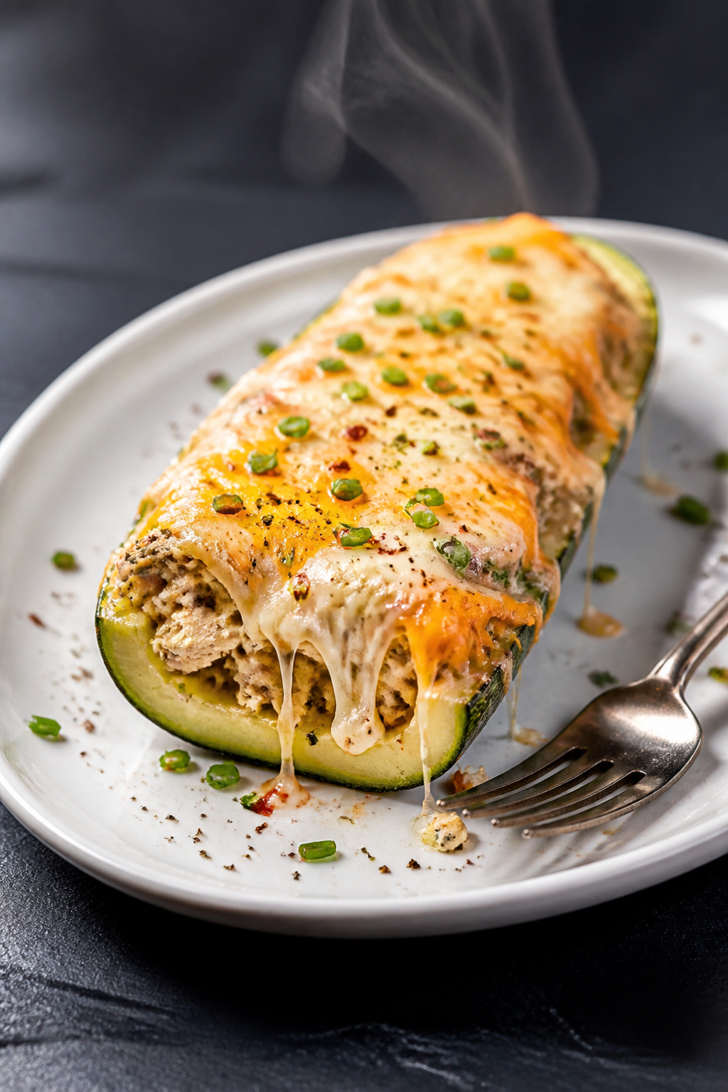 Final plated dish beauty: A single zucchini boat plated on a matte white oval plate, cross-section f