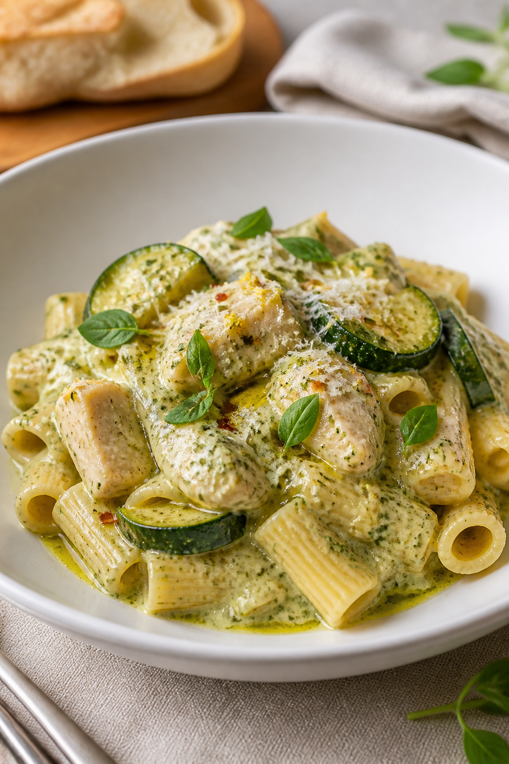 Final plated dish beauty: Creamy Pesto Chicken & Zucchini spooned over al dente short pasta in a wid
