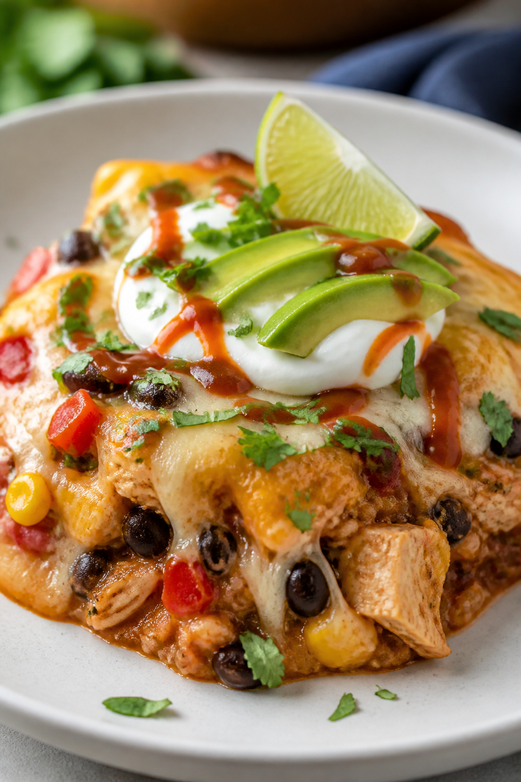 Final plated dish — Cheesy, bubbly finish with toppings: Three-quarter close-up of a spooned servi