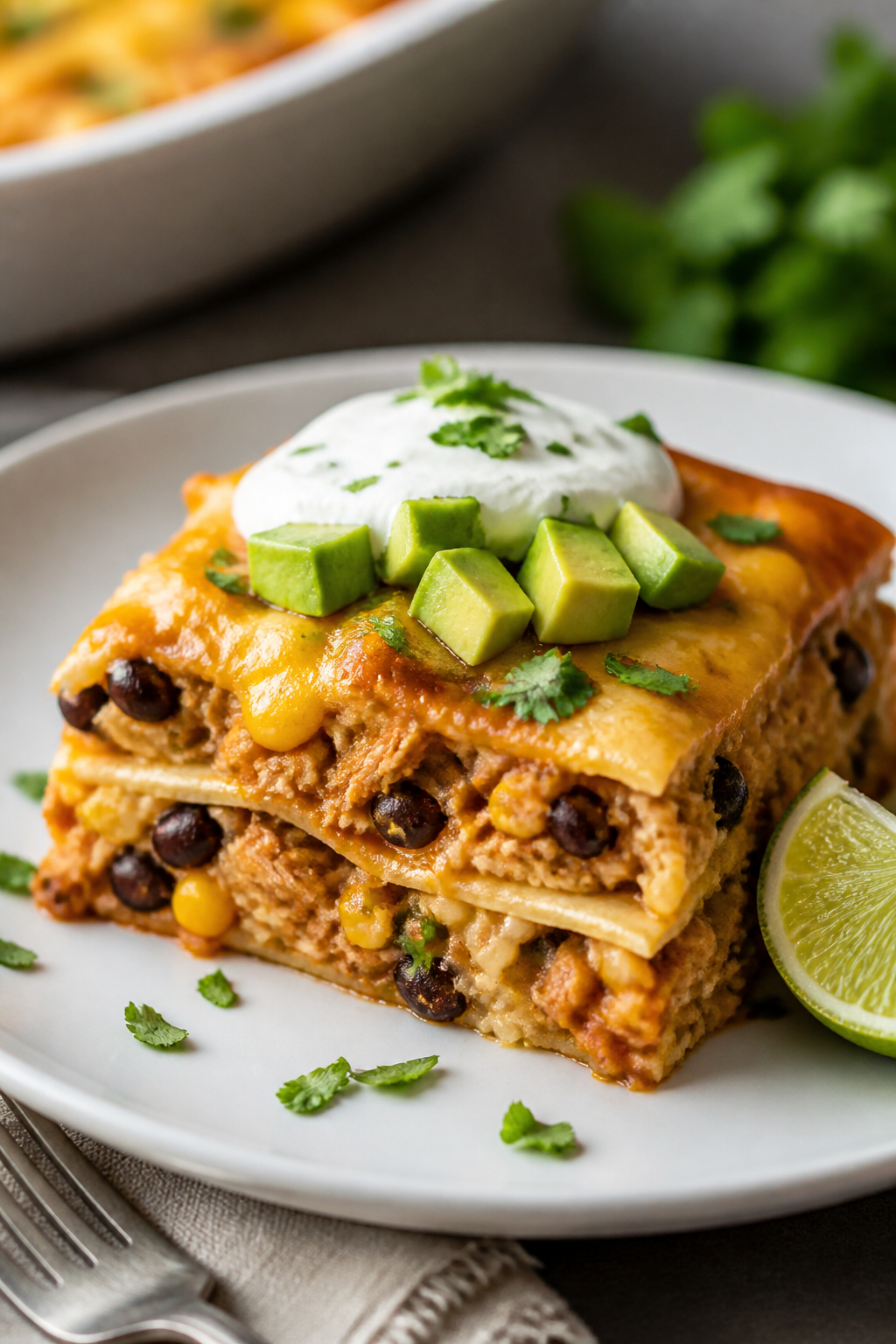 Final plated dish close-up: A neat square slice of Healthy Chicken Burrito Casserole on a matte whit