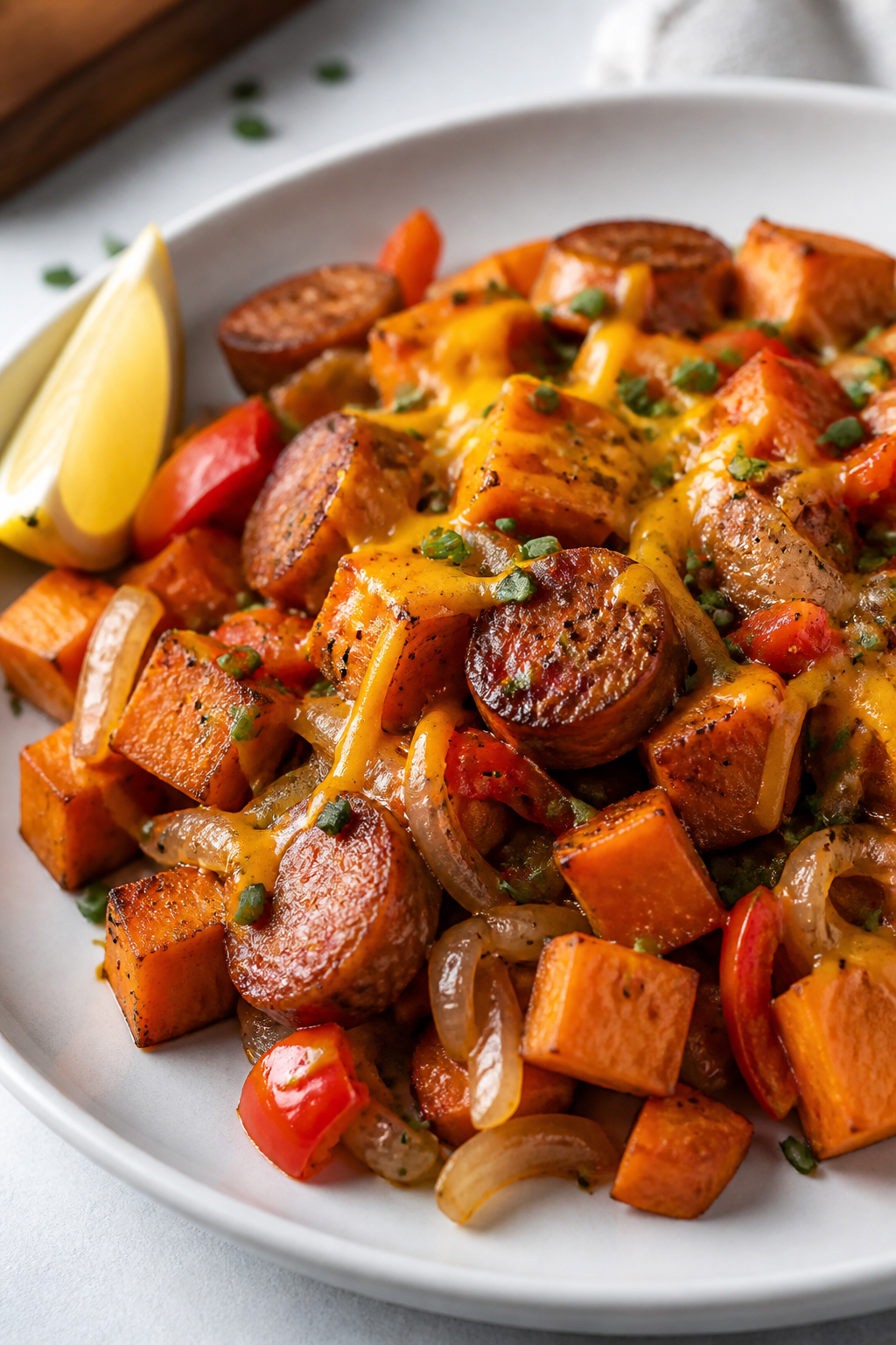 Final plated dish – Close-up detail of a generous serving of Chicken Sausage & Sweet Potato Hash o