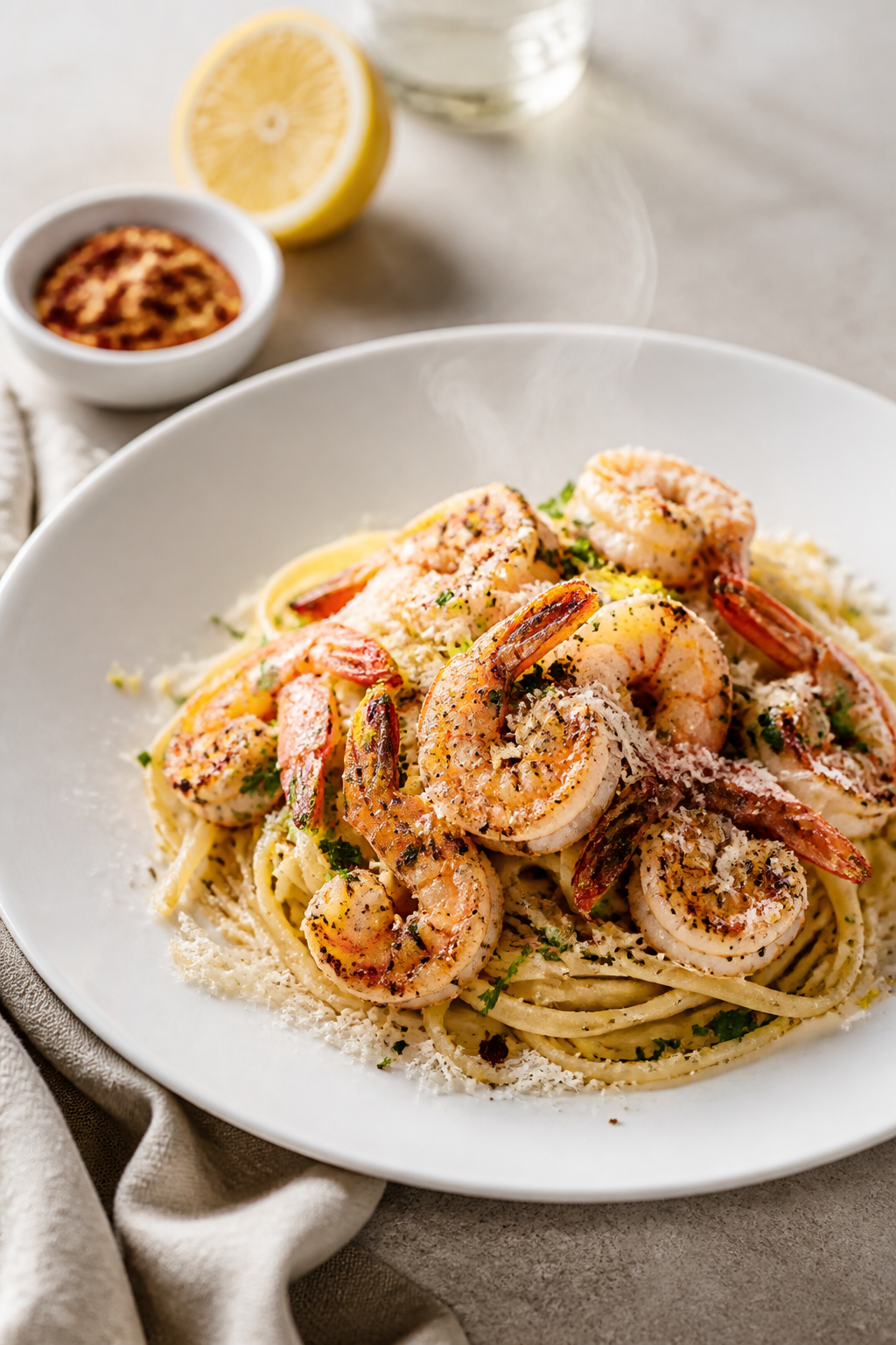 Final plated dish: Garlic Parmesan shrimp piled over buttered linguine on a wide white ceramic plate