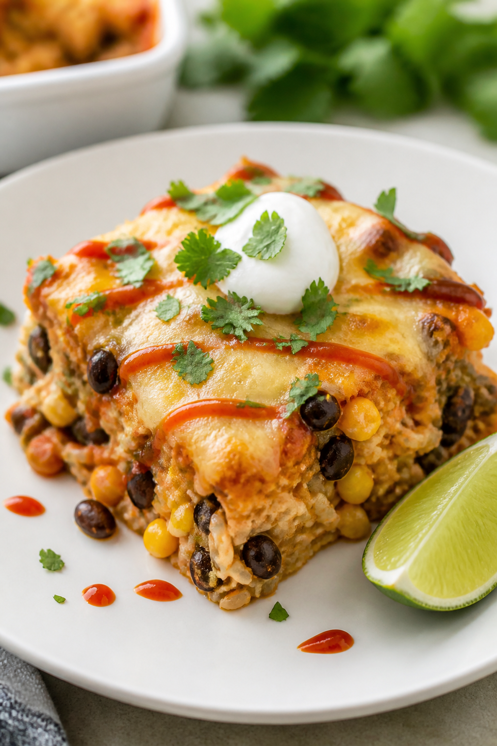 Final plated dish, hero close-up: A generous square of turkey taco casserole plated on a matte white