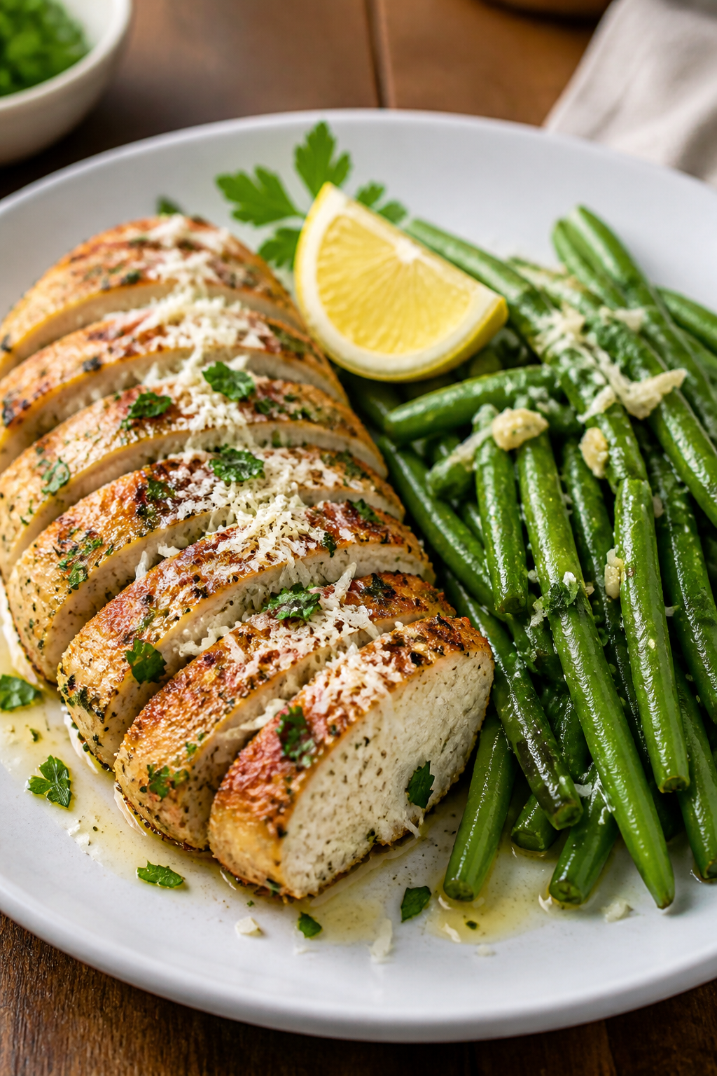 Final plated dish, hero close-up: Beautifully plated Garlic Parmesan chicken breast sliced to show j