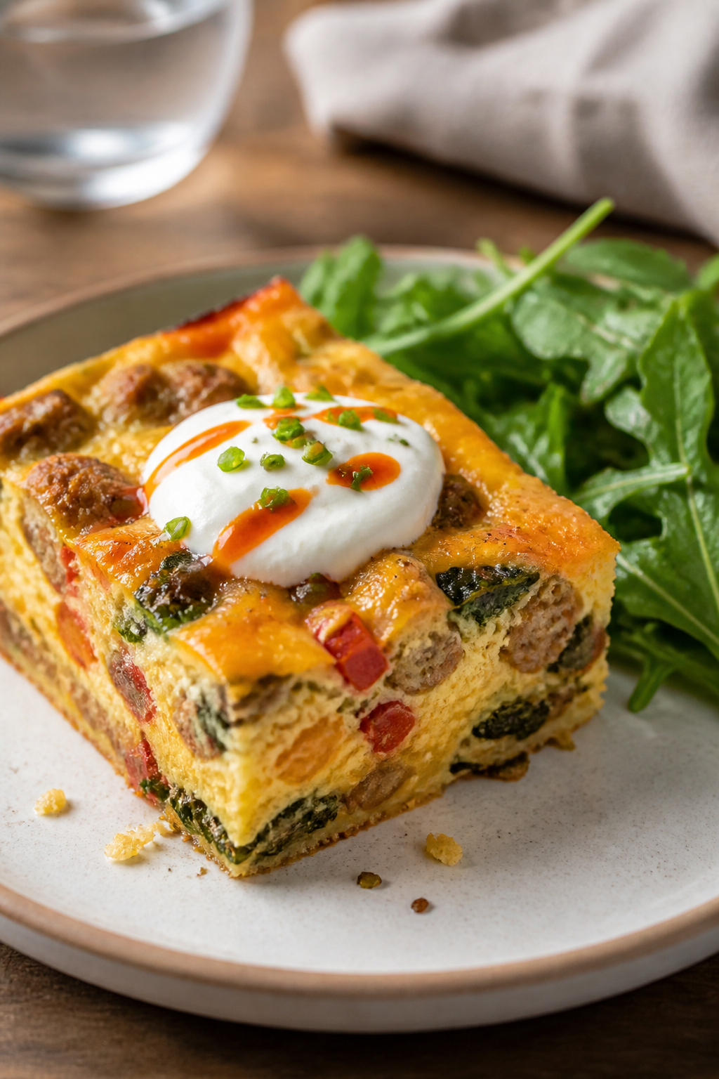 Final plated dish, hero shot: Thick square of the high-protein sausage egg casserole served on a whi