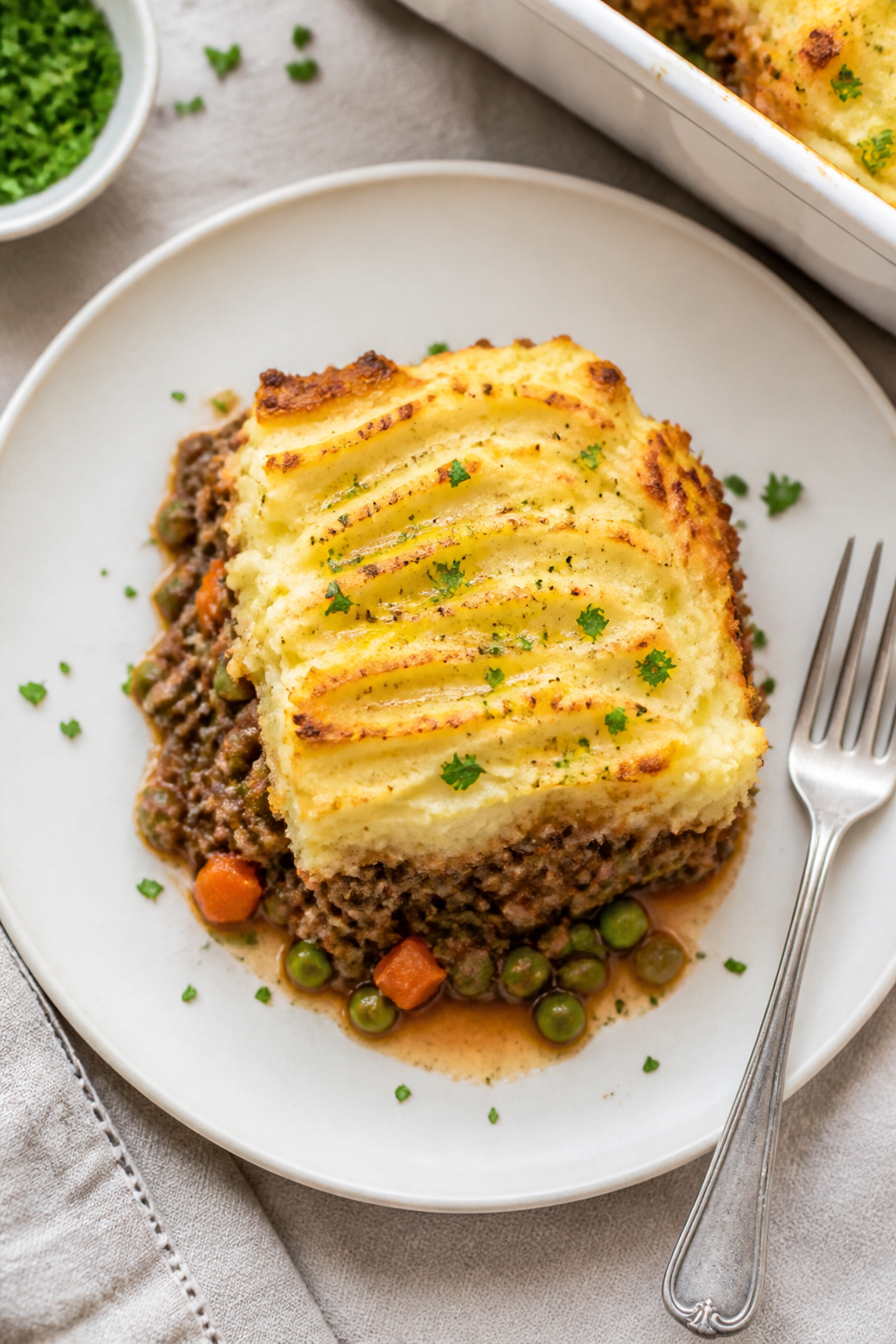 Final plated dish ā overhead serving: Tasty top view of a generous square of High Protein Shepherd
