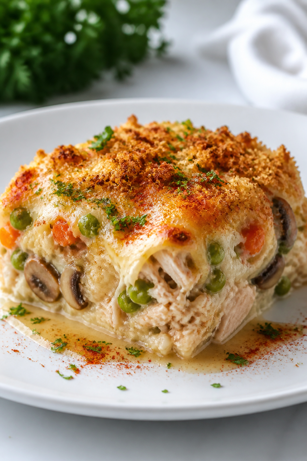 Final plated dish — Restaurant-quality presentation of a generous square of High Protein Chicken &