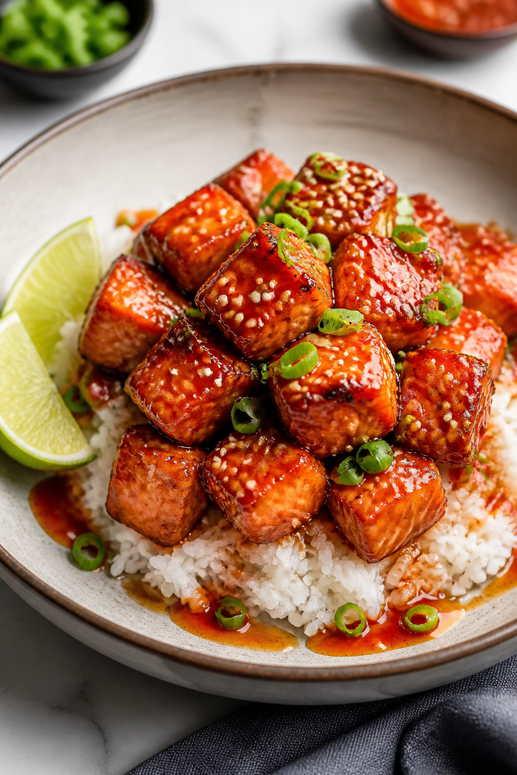 Final plated dish: Restaurant-quality presentation of crispy honey sriracha salmon bites piled over