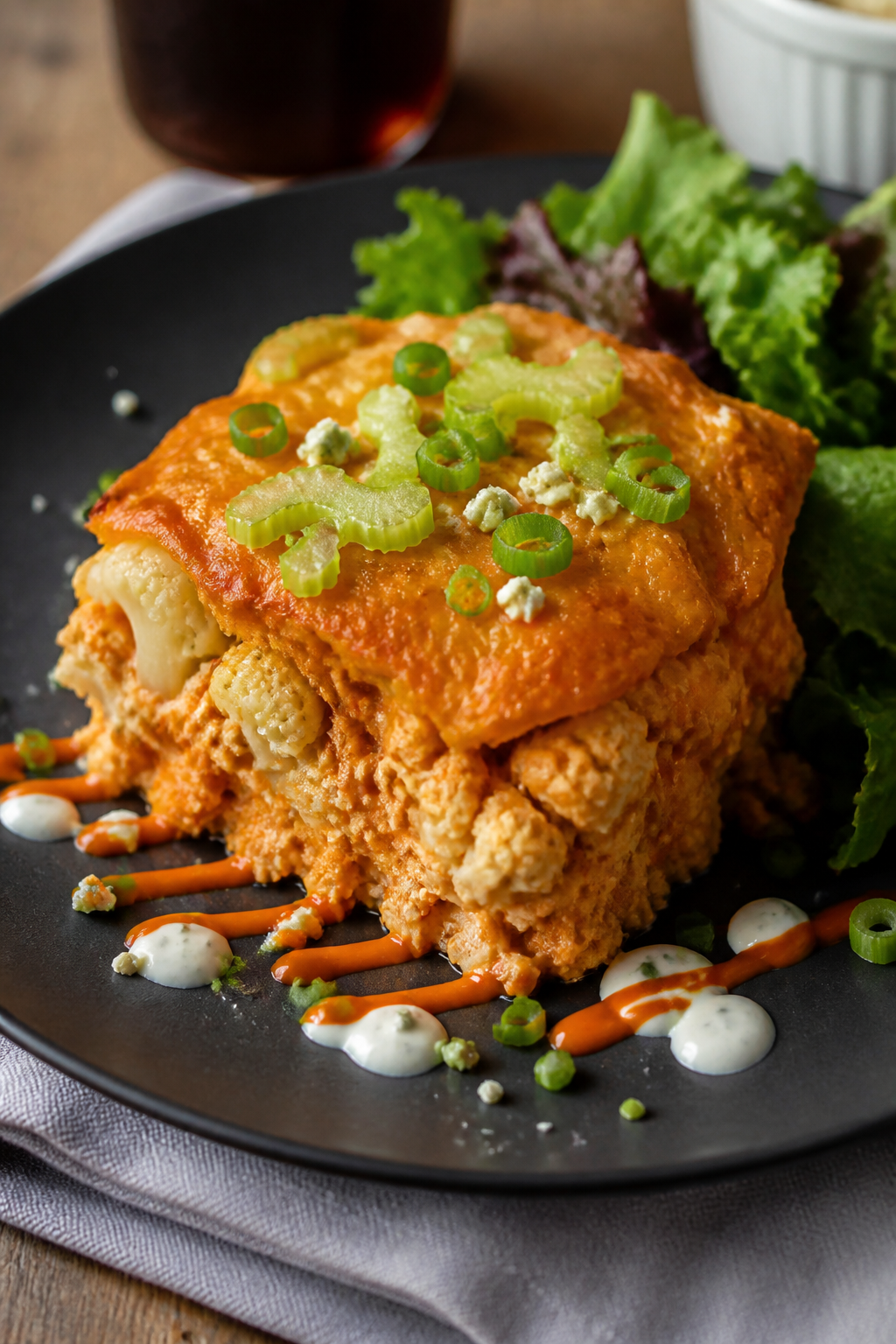Final plated dish: Restaurant-quality presentation of a generous square of Buffalo Chicken Cauliflow