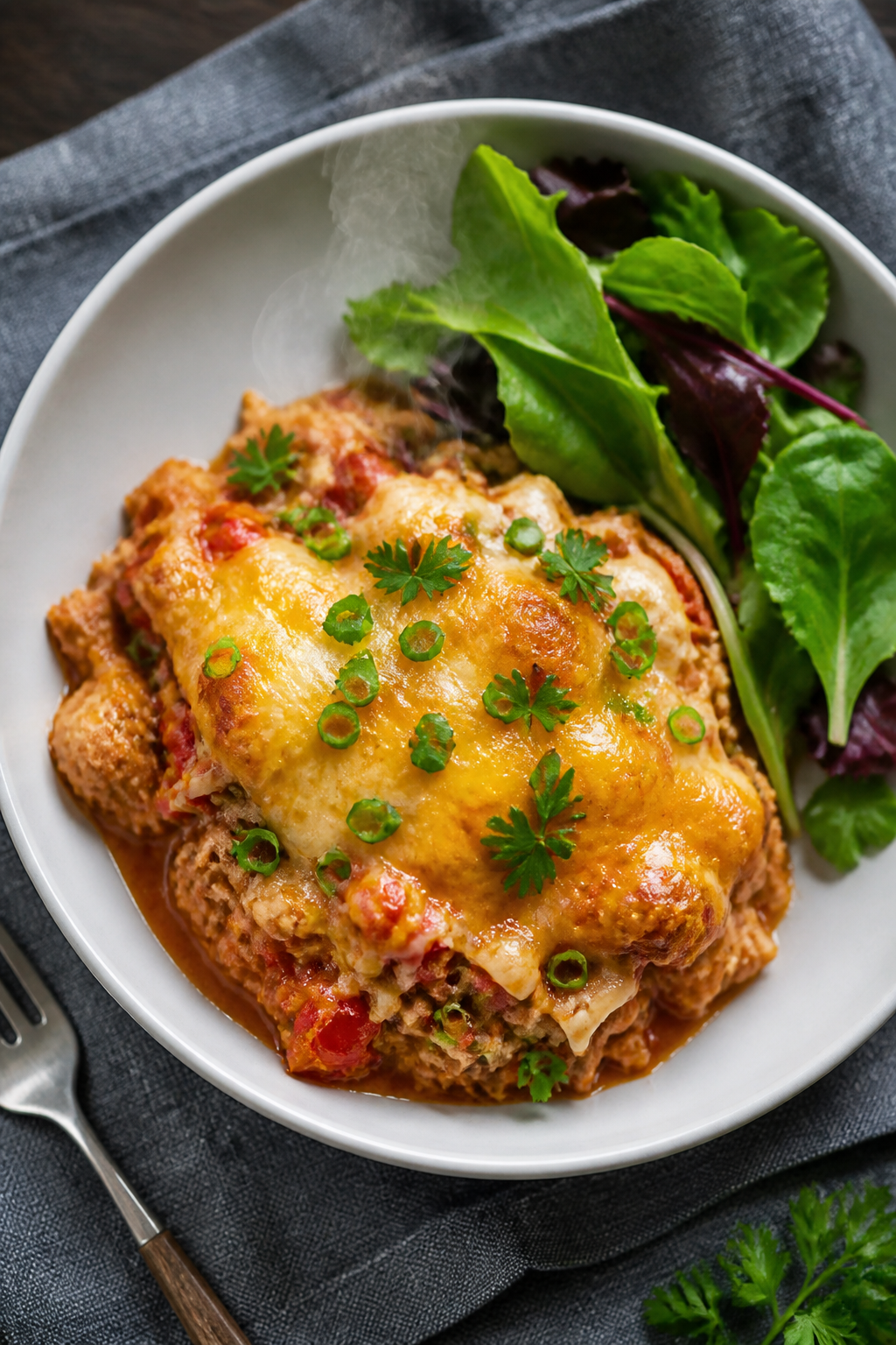 Final plated dish: Restaurant-quality presentation of a generous spoonful of Keto BBQ Chicken Casser