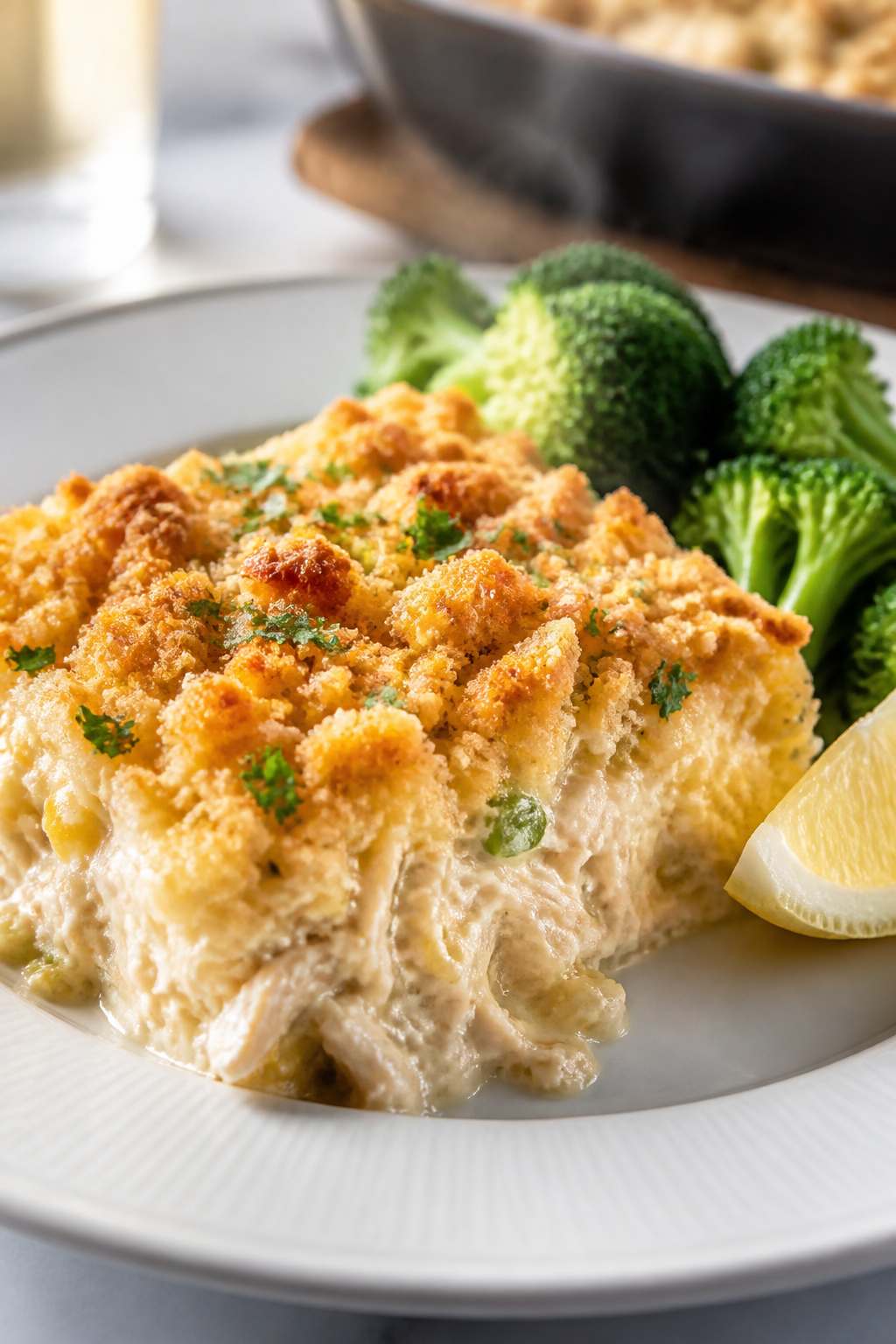 Final plated dish: Restaurant-quality presentation of a generous square of Million Dollar Chicken Ca