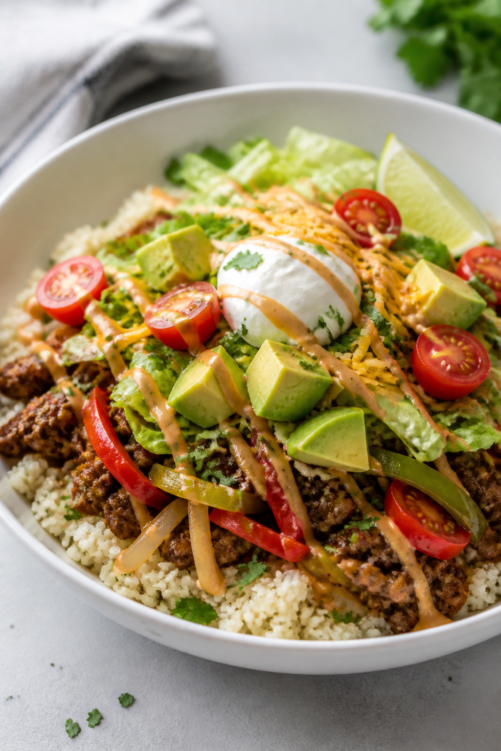 Final plated dish, restaurant-quality presentation: Beautifully assembled low-carb taco bowl in a wi