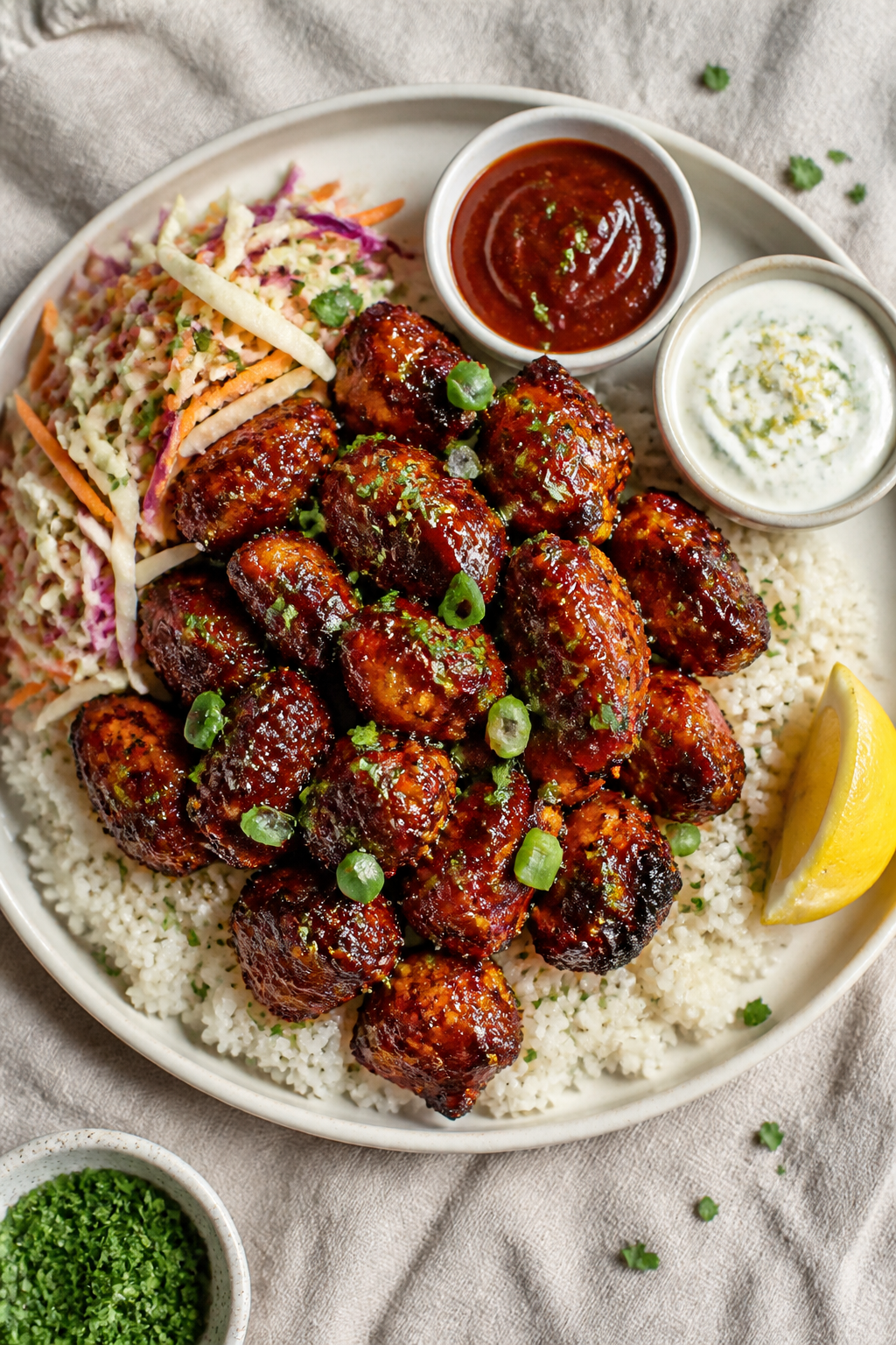 Final plated dish: Restaurant-quality presentation of Air Fryer BBQ Chicken Bites piled over fluffy 