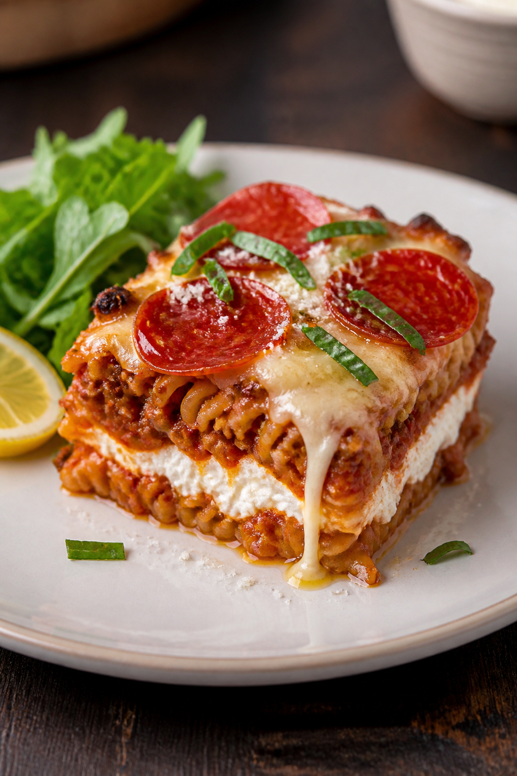 Final plated dish, restaurant-quality presentation: A generous square of the pizza casserole plated