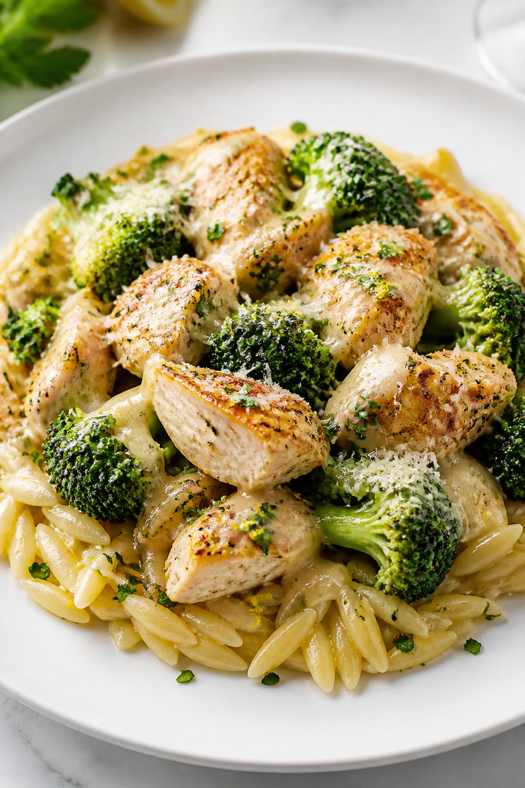 Final plated dish: Restaurant-quality presentation of Garlic Parmesan Chicken & Broccoli spooned ove