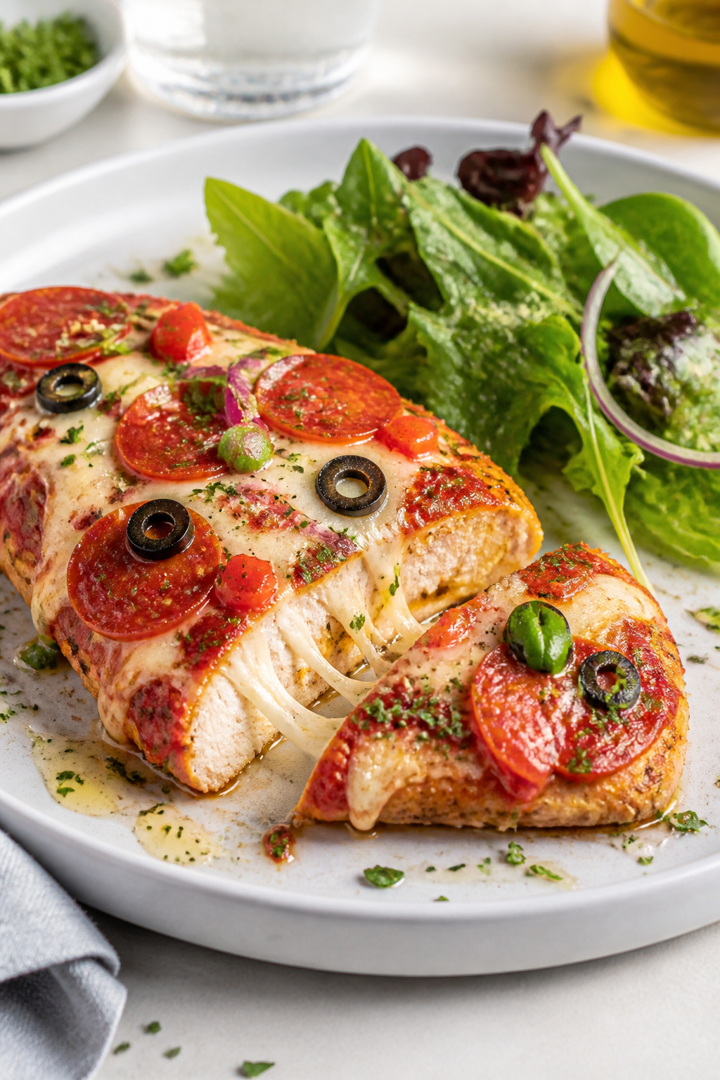 Final plated dish: Restaurant-quality presentation of a single Pizza Chicken breast on a matte white