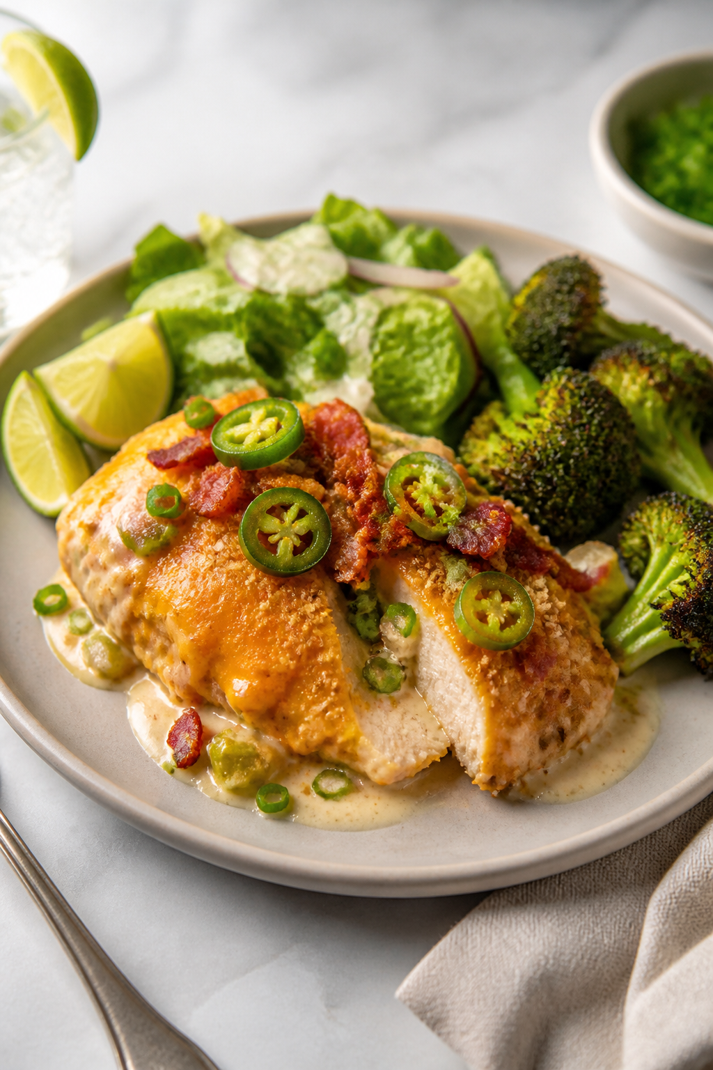 Final plated dish: Restaurant-quality presentation of a sliced portion of Jalapeño Popper Chicken B