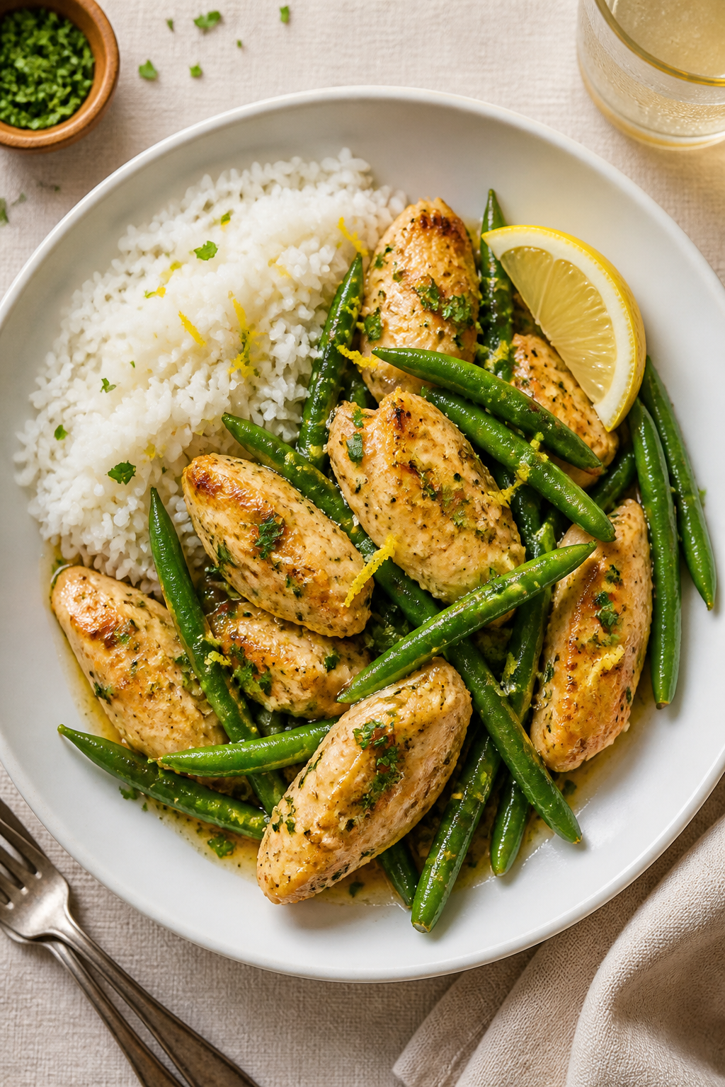 Final plated dish: Restaurant-quality presentation of Garlic Butter Chicken & Green Beans on a wide 