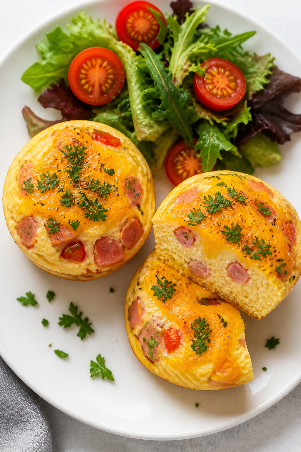 Final plated dish: Restaurant-quality presentation of two ham & cheese egg muffins on a matte white