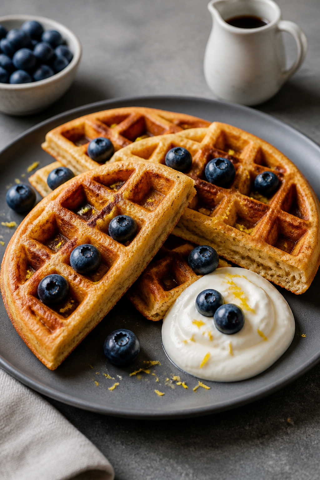 Final plated dish: Restaurant-quality presentation of a single protein waffle quartered and fanned o