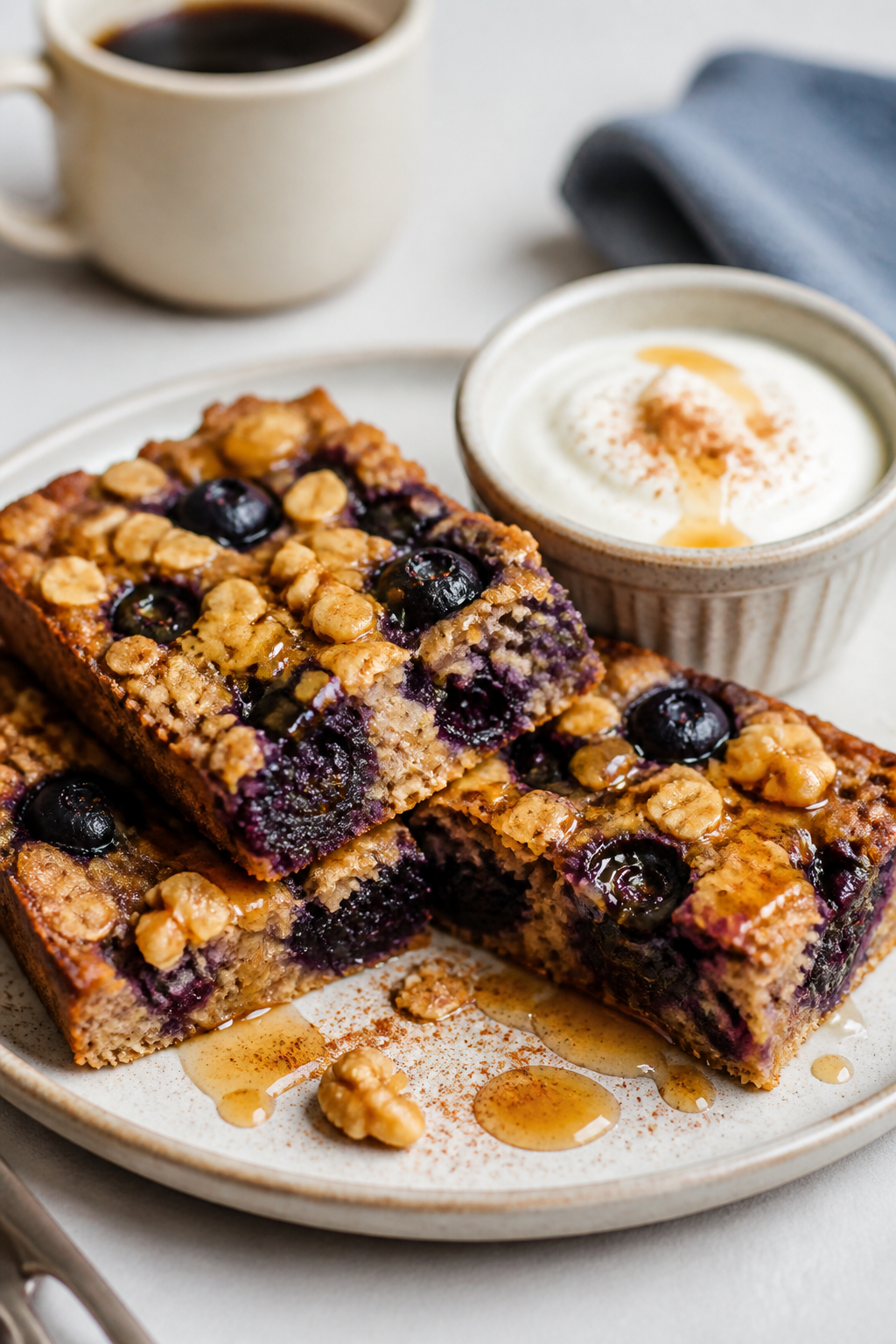 Final plated dish: Restaurant-quality presentation of sliced High Protein Breakfast Blueberry Oat Ba