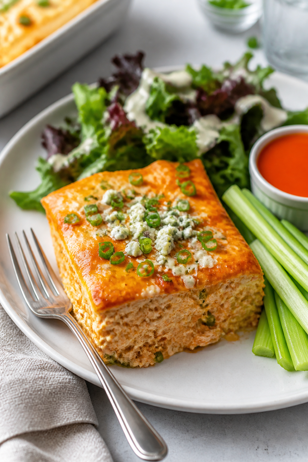 Final plated dish: Restaurant-quality presentation of a square slice of Buffalo Chicken Protein Bake
