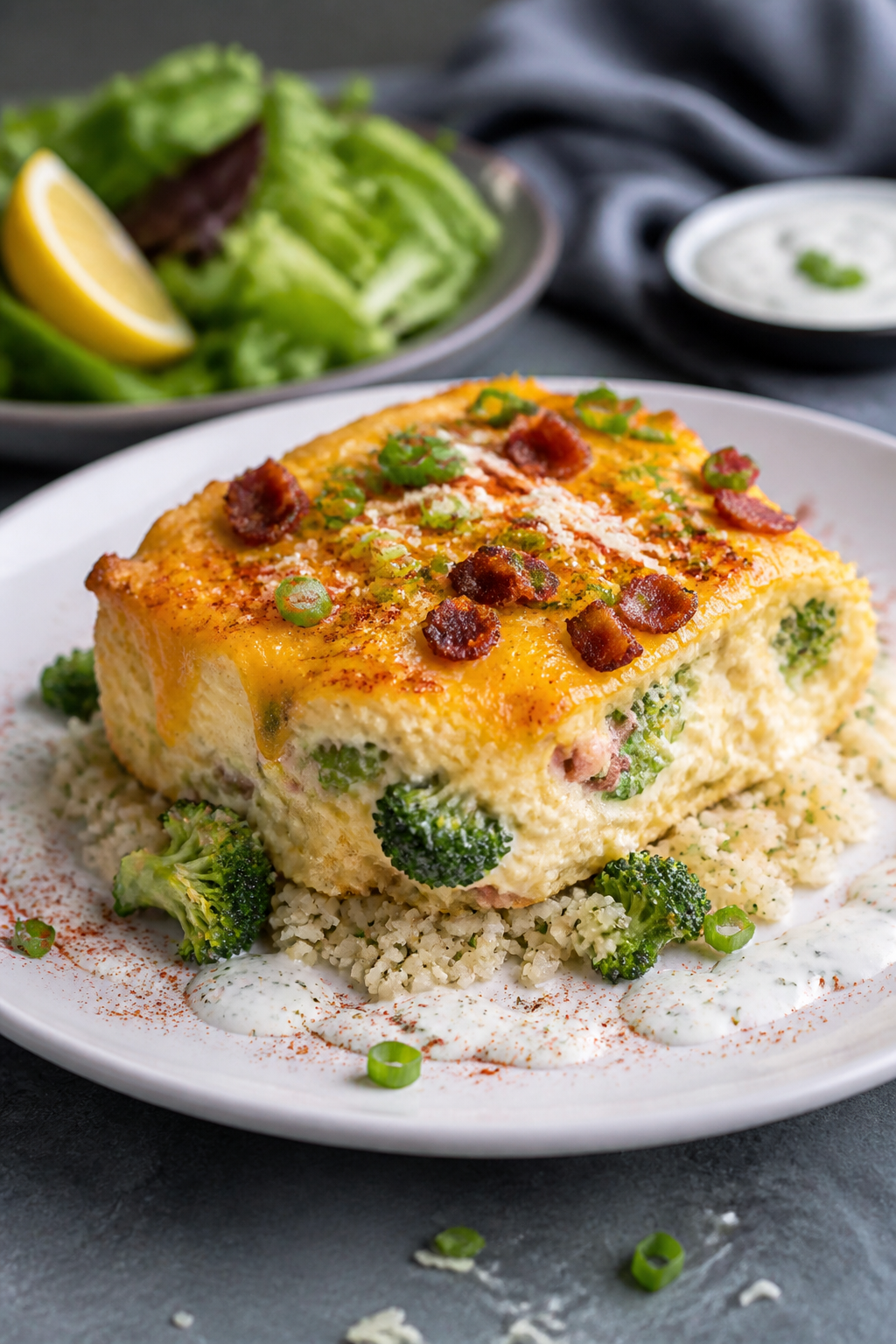 Final plated dish, restaurant-quality presentation: A generous square of the casserole plated on a w