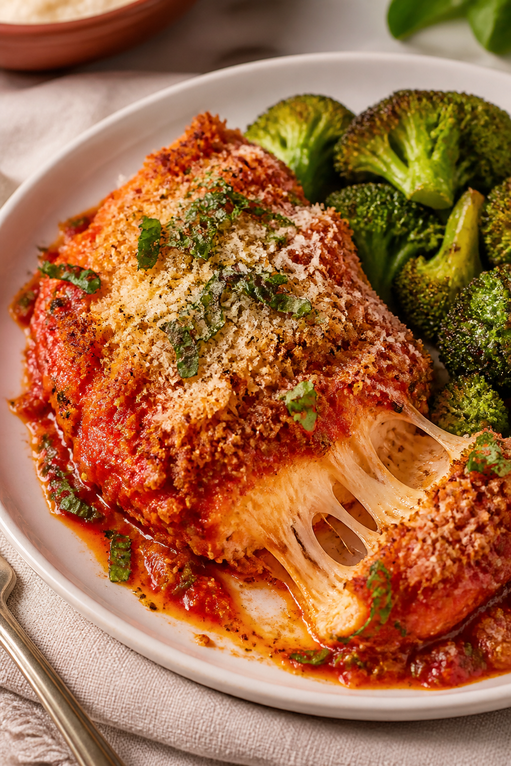 Final plated dish: Restaurant-quality presentation of a serving of Chicken Parmesan Protein Bake on