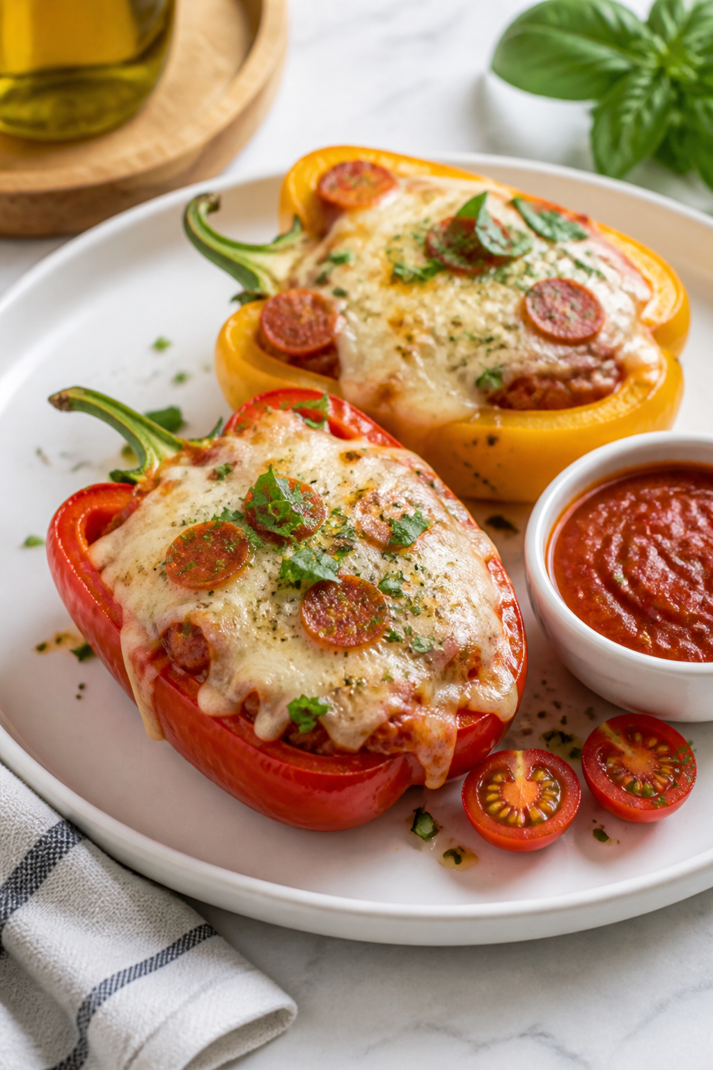Final plated dish: Restaurant-quality presentation of two pizza stuffed pepper halves (one red, one 