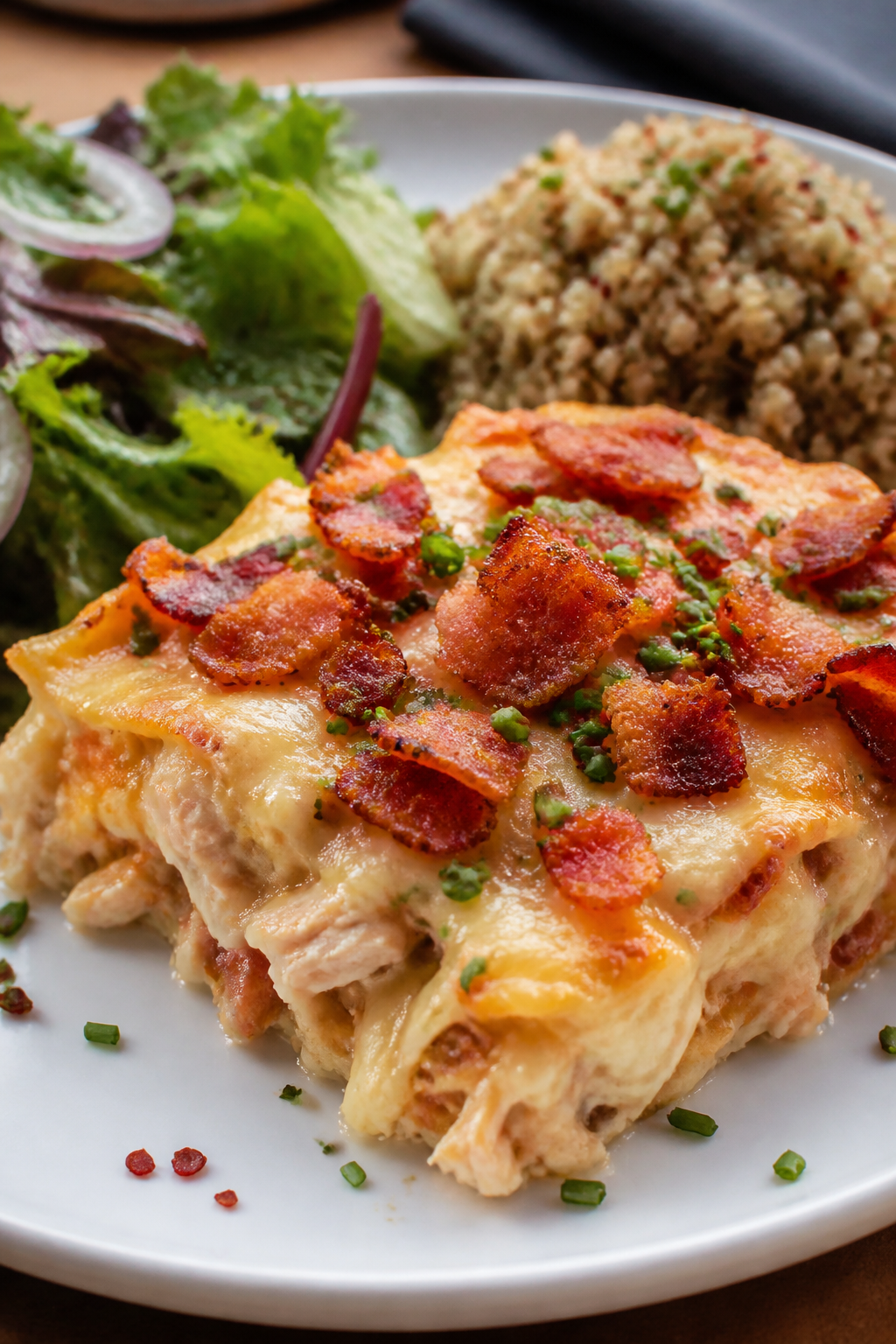 Final plated dish: Restaurant-quality presentation of a generous square of High Protein Chicken Baco