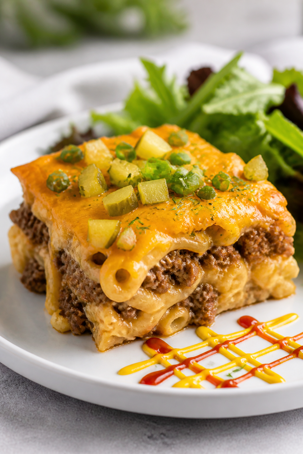 Final plated dish: Restaurant-quality presentation of a generous square of High Protein Cheeseburger