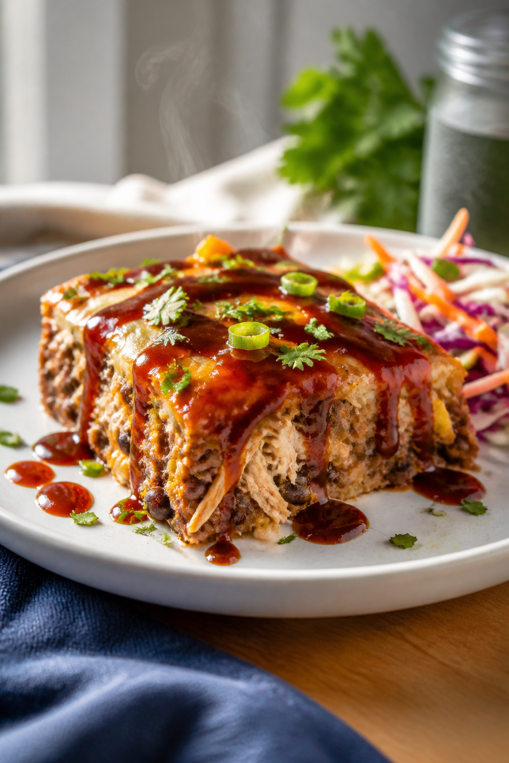Final plated dish: Restaurant-quality presentation of a generous square of BBQ Chicken Protein Casse