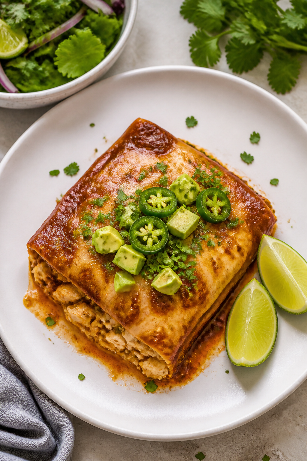 Final plated dish: Restaurant-quality presentation of a square of the baked enchilada on a matte whi