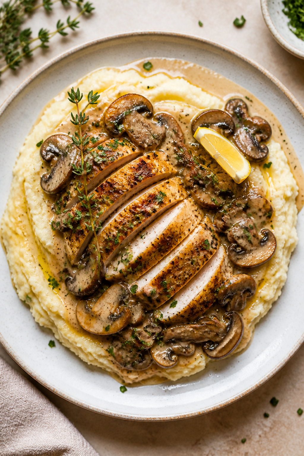 Final plated dish: Restaurant-quality presentation of One Pan Creamy Mushroom Chicken plated over bu